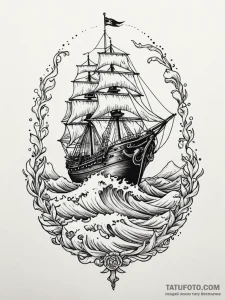 Ocean waves hiding skeletal ship, tattoo flas... - эскиз тату (№1752565263_0, 15.07.2025 07:41) — Tatufoto.com
