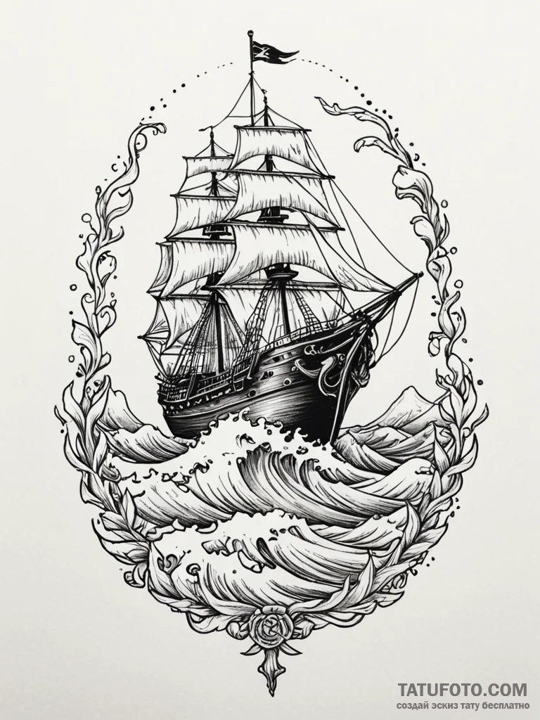 Ocean waves hiding skeletal ship, tattoo flas... - эскиз тату (№1752565263_0, 15.07.2025 07:41) — Tatufoto.com