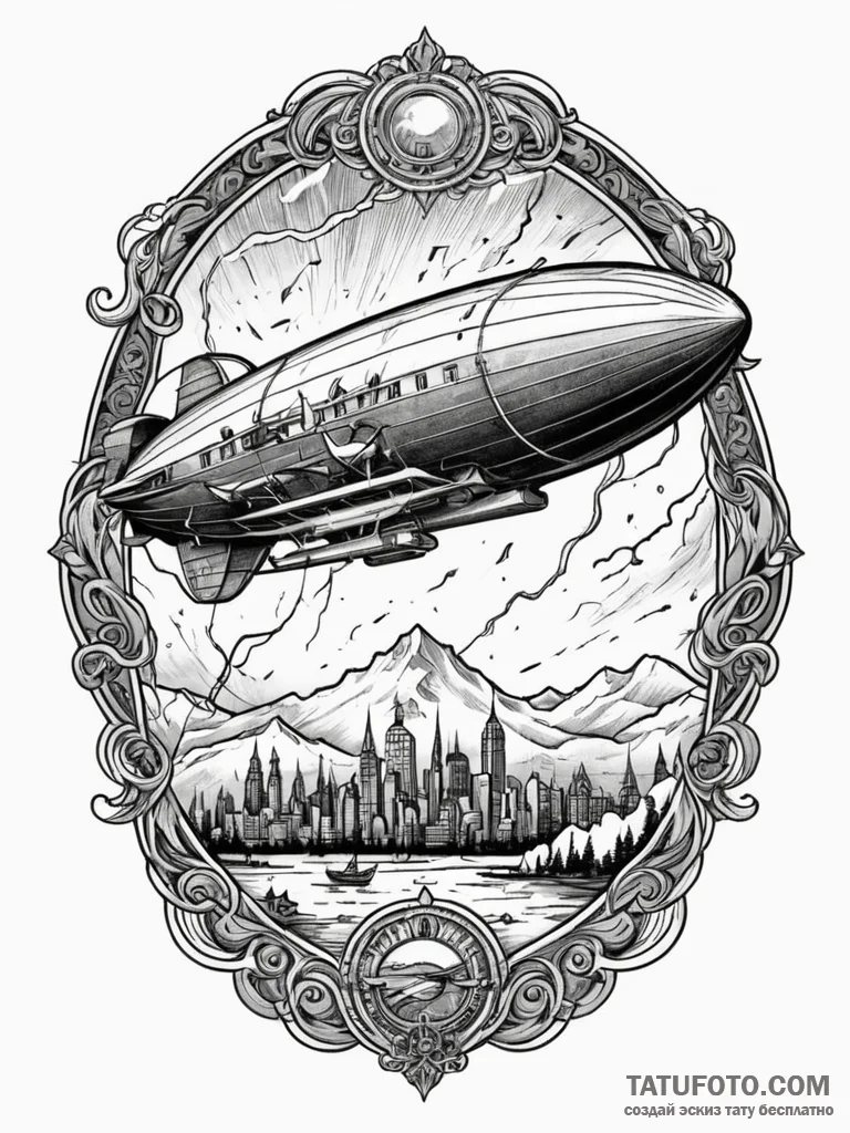 Zeppelin airship navigating a lightning storm… — эскиз тату (№1752566544_0, 15.07.2025 08:02) — Tatufoto.com