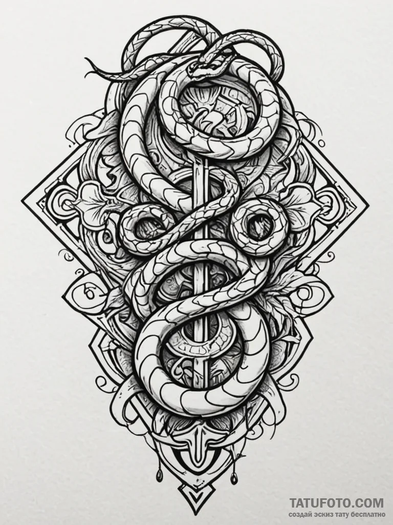 Ancient amulet with serpent carvings, tattoo... - эскиз тату (№1752568336_0, 15.07.2025 08:32) — Tatufoto.com