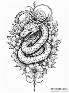 Viper striking from a bouquet of flowers, art... - эскиз тату (№1752568421_0, 15.07.2025 08:33) — Tatufoto.com