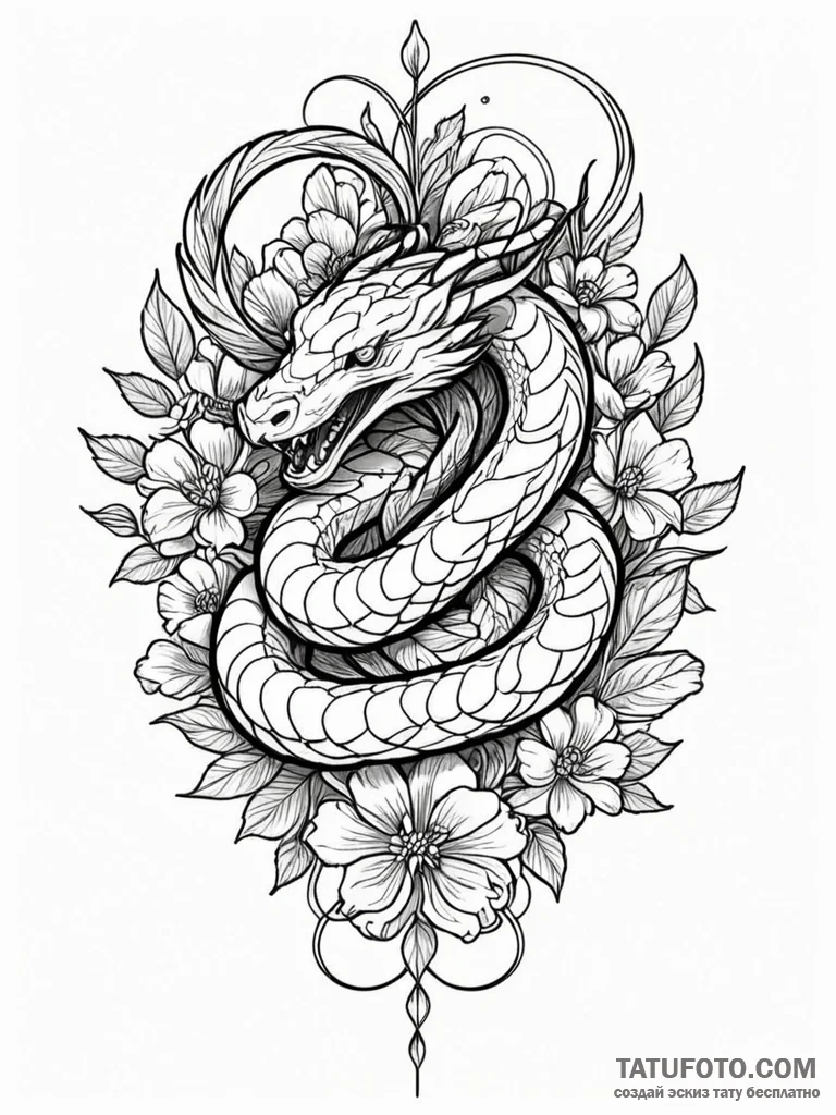 Viper striking from a bouquet of flowers, art... - эскиз тату (№1752568421_0, 15.07.2025 08:33) — Tatufoto.com