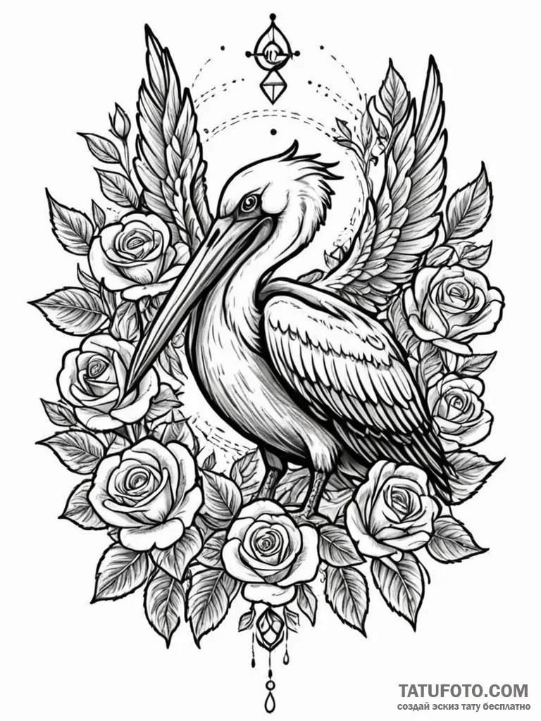 Pelican, symbolizing sacrifice and generosity… — эскиз тату (№1752569276_0, 15.07.2025 08:47) — Tatufoto.com