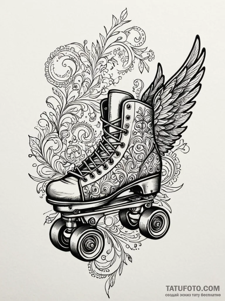 Roller skate, 70s style, with wings, tattoo d... - эскиз тату (№1752569871_0, 15.07.2025 08:57) — Tatufoto.com