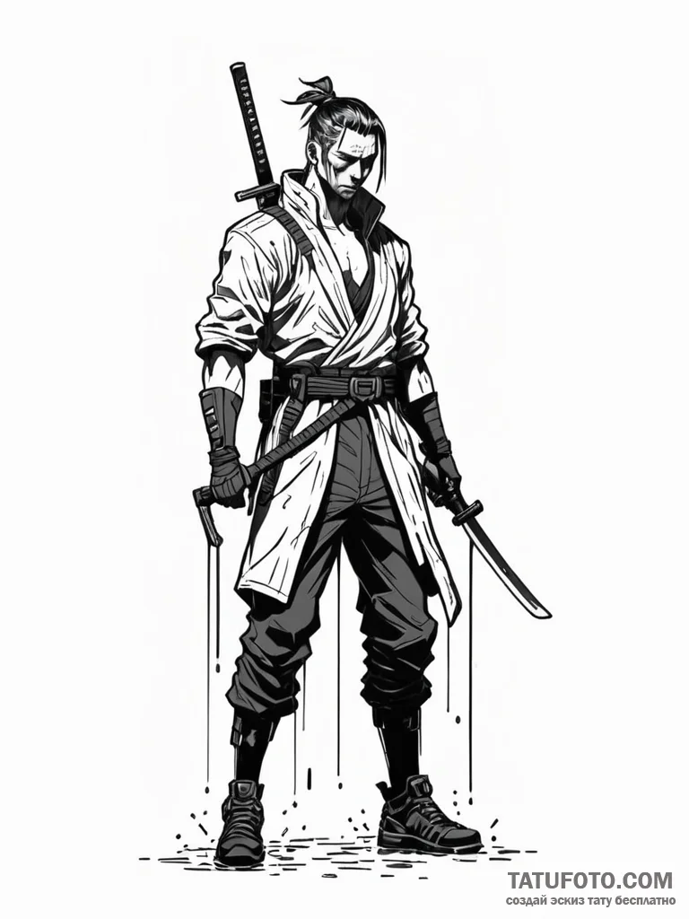 Cyberpunk ronin with a glowing katana, standi... - эскиз тату (№1752570212_0, 15.07.2025 09:03) — Tatufoto.com