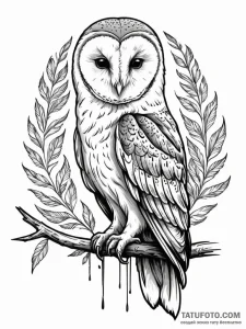 A wise barn owl perched on a branch, detailed... - эскиз тату (№1752570723_0, 15.07.2025 09:12) — Tatufoto.com