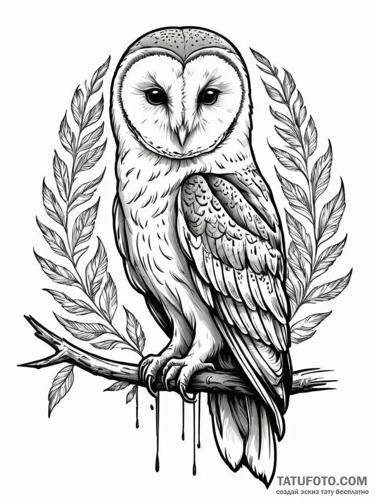 A wise barn owl perched on a branch, detailed... - эскиз тату (№1752570723_0, 15.07.2025 09:12) — Tatufoto.com
