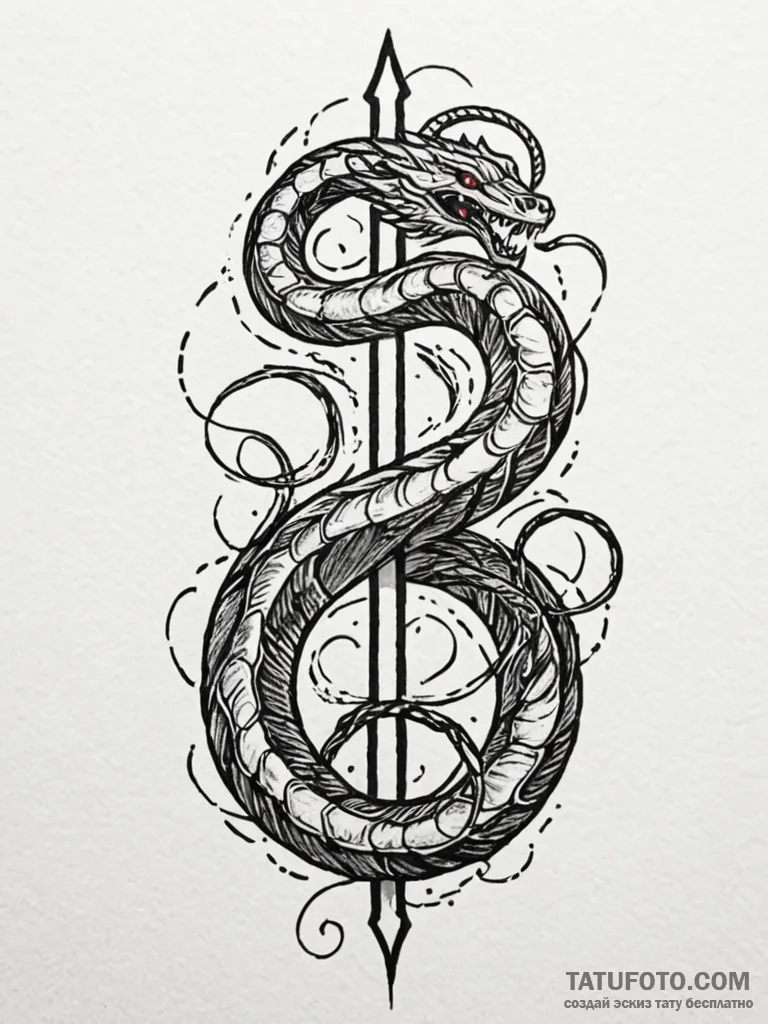 Arcane book guarded by serpent, tattoo line a... - эскиз тату (№1752571235_0, 15.07.2025 09:20) — Tatufoto.com