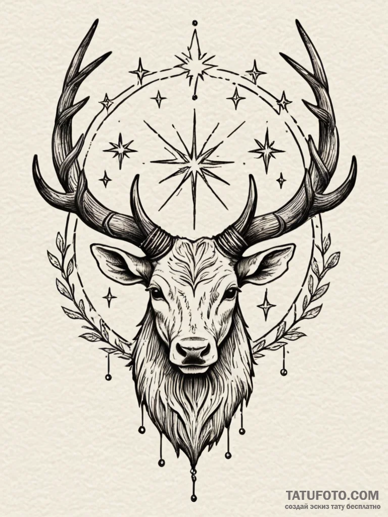 Druid horns crowned in stars, ink illustratio... - эскиз тату (№1752571320_0, 15.07.2025 09:22) — Tatufoto.com