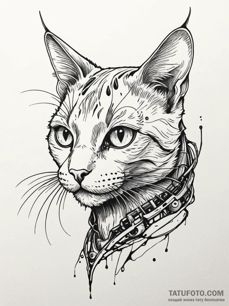 Cat with biomechanical limbs, ink illustratio... - эскиз тату (№1752571491_0, 15.07.2025 09:24) — Tatufoto.com