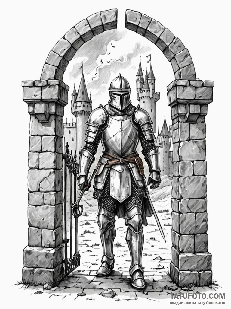 An armored knight standing guard at a castle... - эскиз тату (№1752571743_0, 15.07.2025 09:29) — Tatufoto.com