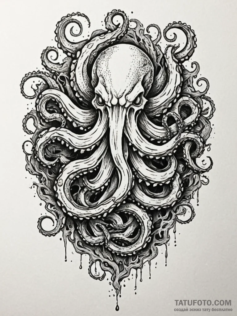 Kraken maw devouring relic, tattoo line art,… — эскиз тату (№1752571828_0, 15.07.2025 09:30) — Tatufoto.com