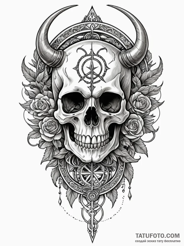Ancient skull with rune carvings, tattoo draw... - эскиз тату (№1752572085_0, 15.07.2025 09:34) — Tatufoto.com