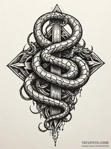 Abyssal serpent coiled on broken altar, tatto... - эскиз тату (№1752572170_0, 15.07.2025 09:36) — Tatufoto.com