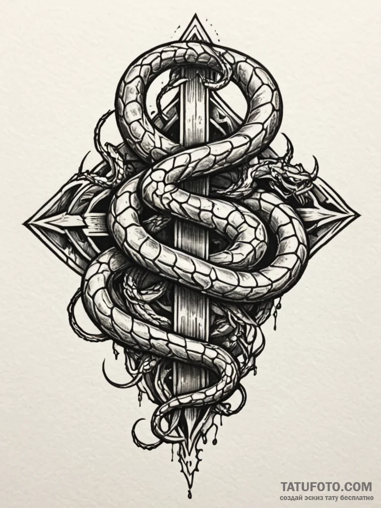Abyssal serpent coiled on broken altar, tatto... - эскиз тату (№1752572170_0, 15.07.2025 09:36) — Tatufoto.com