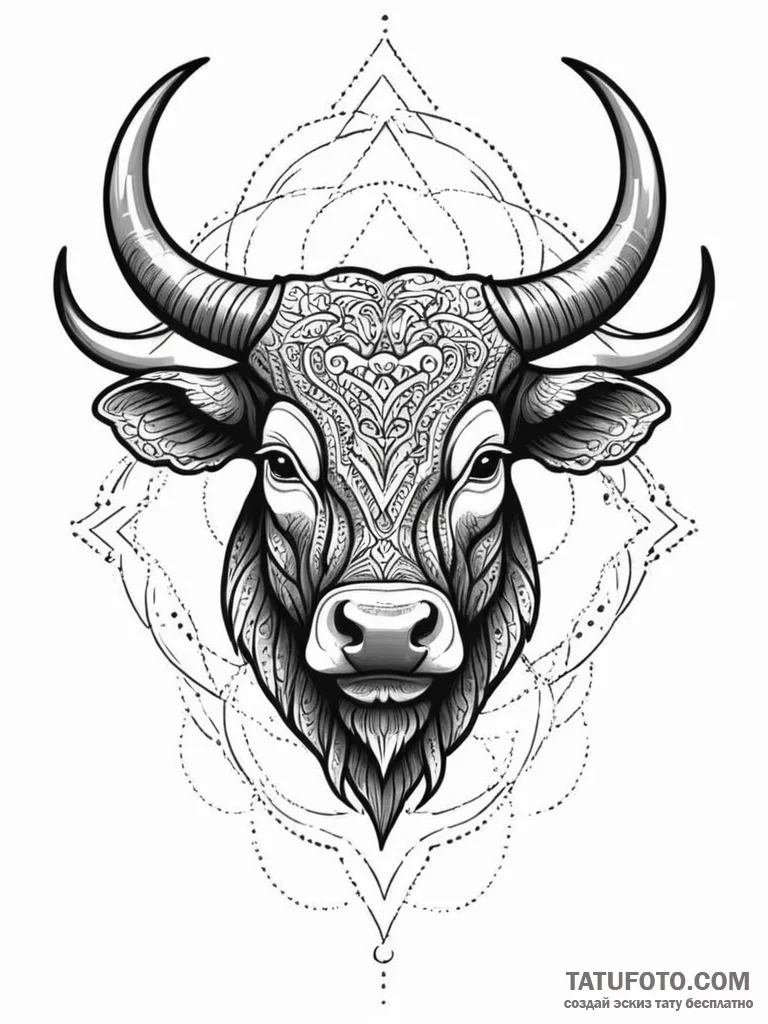 A powerful bull head with elaborate horns, sy... - эскиз тату (№1752572343_0, 15.07.2025 09:39) — Tatufoto.com