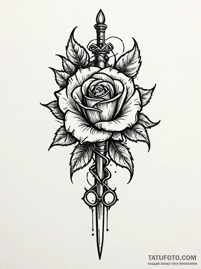 Dagger in skeletal rose, tattoo sketch design... - эскиз тату (№1752572428_0, 15.07.2025 09:40) — Tatufoto.com