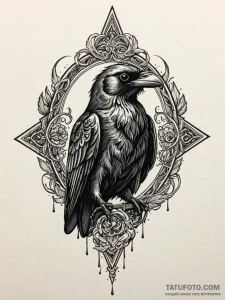 Engraved raven with molten eyes, tattoo flash... - эскиз тату (№1752572601_0, 15.07.2025 09:43) — Tatufoto.com