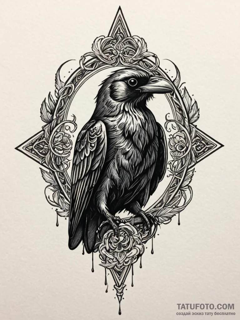 Engraved raven with molten eyes, tattoo flash... - эскиз тату (№1752572601_0, 15.07.2025 09:43) — Tatufoto.com