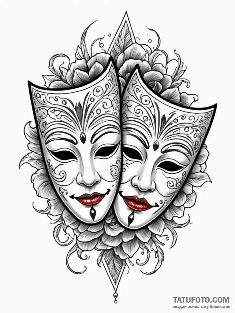 Theater masks (comedy and tragedy) (is there,... - эскиз тату (№1752573376_0, 15.07.2025 09:56) — Tatufoto.com