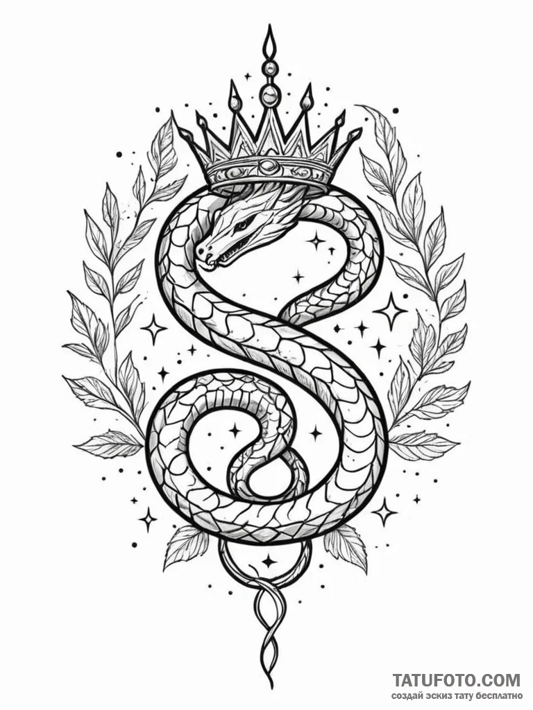 Ivory serpent crowned with stars, tattoo line… — эскиз тату (№1752573674_0, 15.07.2025 10:01) — Tatufoto.com