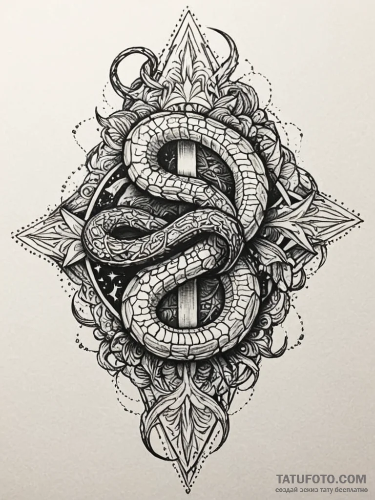 Glacial serpent crowned in stars, tattoo line... - эскиз тату (№1752574441_0, 15.07.2025 10:14) — Tatufoto.com