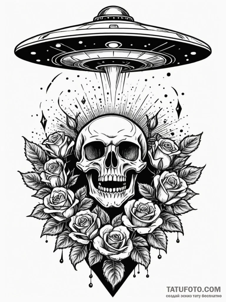 Ufo beaming up a cat, concept art for tattoo,... - эскиз тату (№1752574784_0, 15.07.2025 10:19) — Tatufoto.com