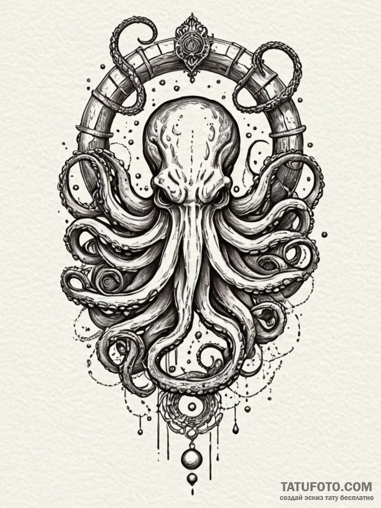 Kraken wrapped around celestial gate, tattoo... - эскиз тату (№1752575041_0, 15.07.2025 10:24) — Tatufoto.com