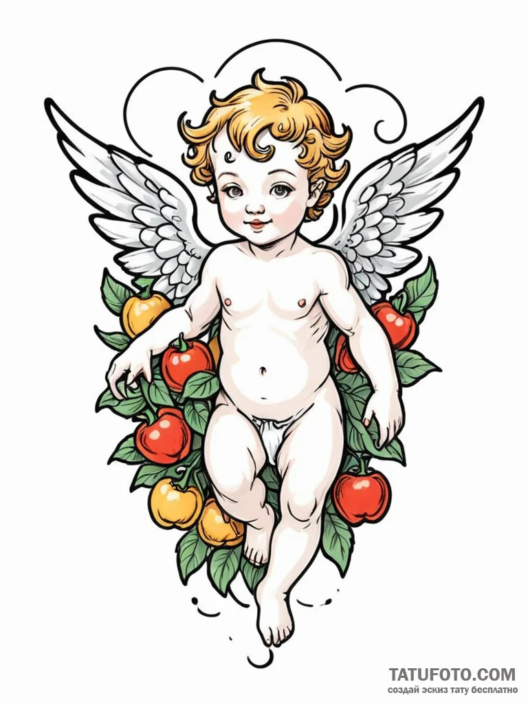 Cherub, ink illustration for tattoo, soft whi... - эскиз тату (№1752575296_0, 15.07.2025 10:28) — Tatufoto.com