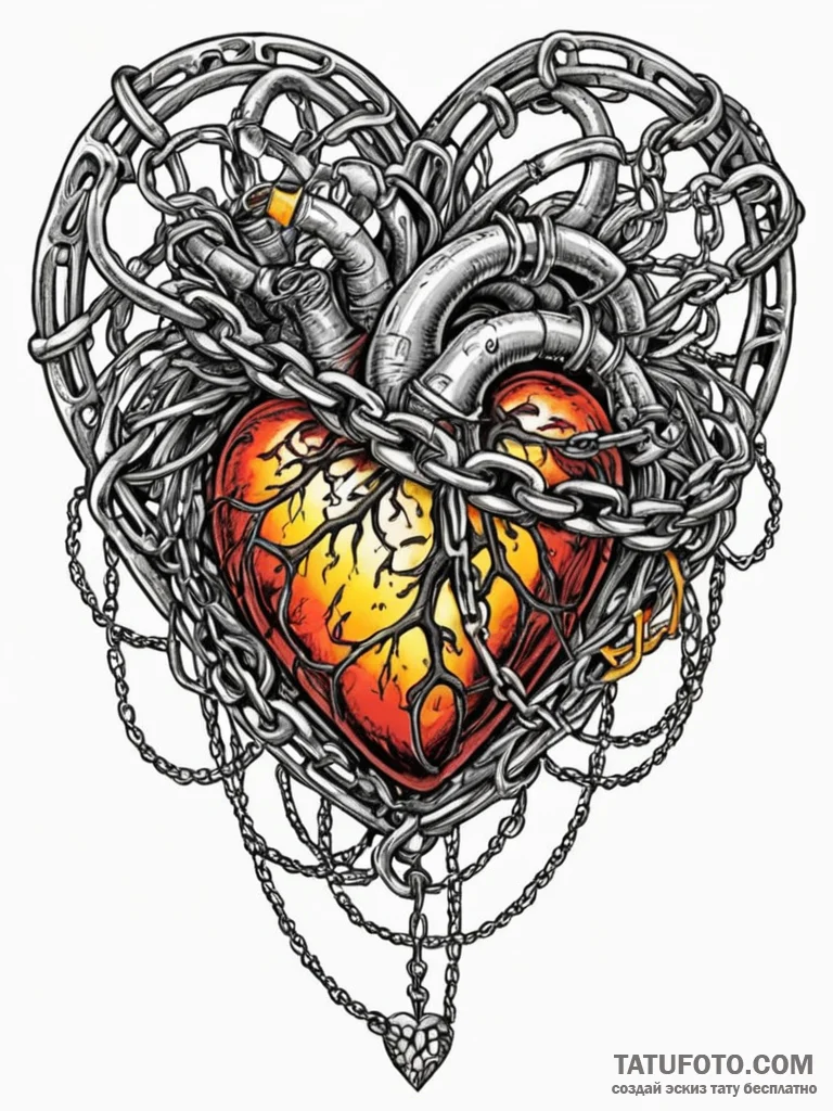 Apocalyptic heart wrapped in chains, ink illu… — эскиз тату (№1752575467_0, 15.07.2025 10:31) — Tatufoto.com