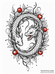 Koi dragon entwined with cherry branches, tat... - эскиз тату (№1752575723_0, 15.07.2025 10:35) — Tatufoto.com