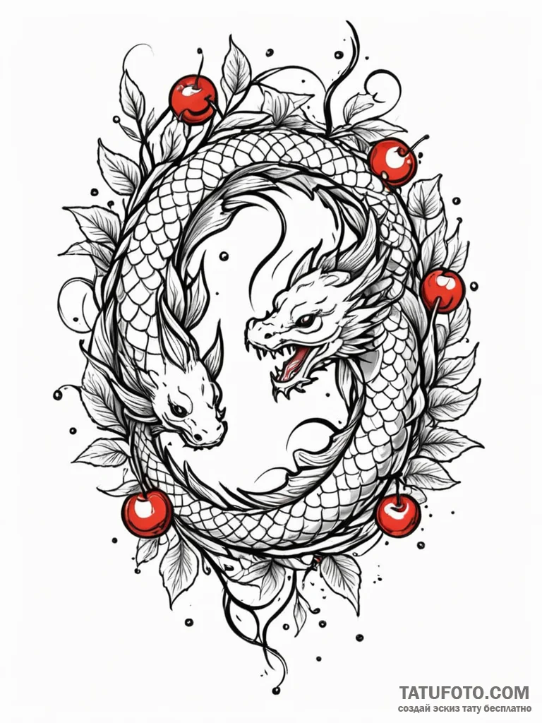 Koi dragon entwined with cherry branches, tat... - эскиз тату (№1752575723_0, 15.07.2025 10:35) — Tatufoto.com