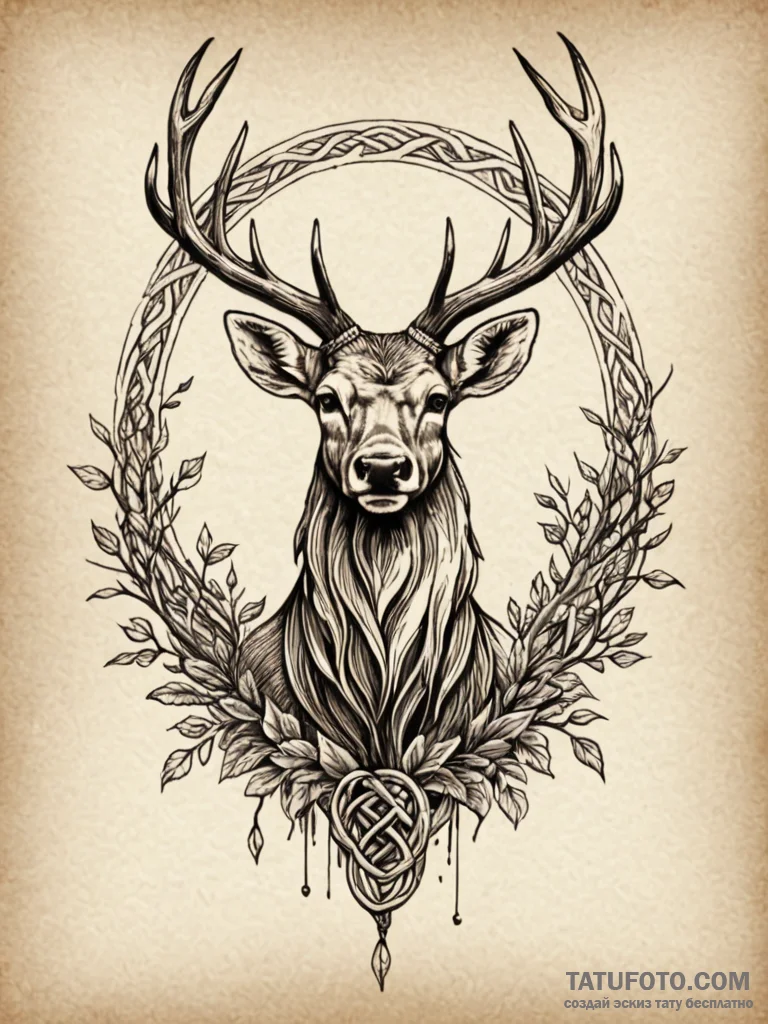 Knotwork stag crowned in roots, concept art f... - эскиз тату (№1752575978_0, 15.07.2025 10:39) — Tatufoto.com