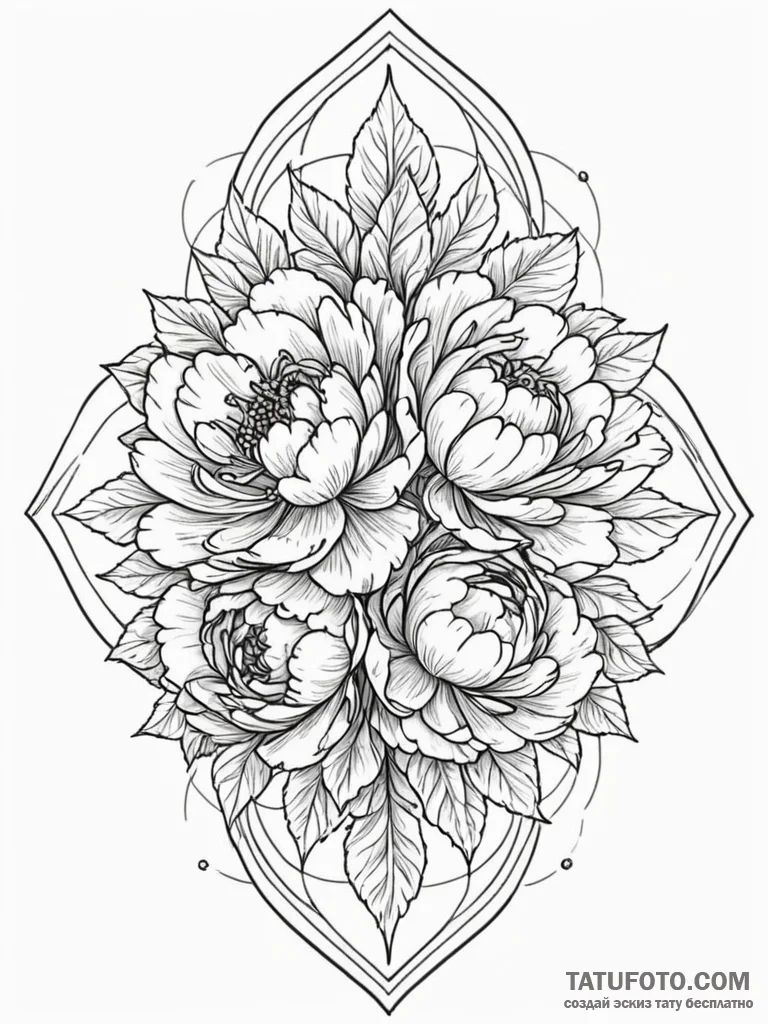 A blooming bouquet of peonies and roses, fine... - эскиз тату (№1752576151_0, 15.07.2025 10:42) — Tatufoto.com