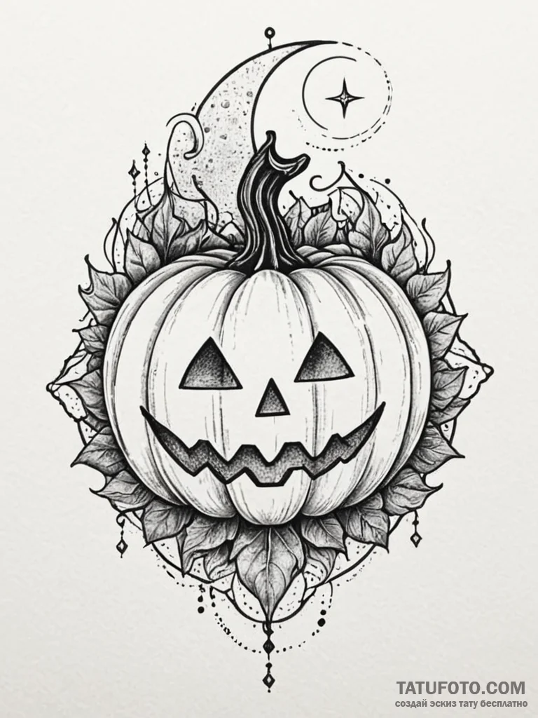 Pumpkin crown beneath spectral moon, tattoo l... - эскиз тату (№1752576237_0, 15.07.2025 10:43) — Tatufoto.com