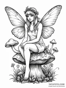 Fairy sitting on a mushroom - эскиз тату (№1752576579_0, 15.07.2025 10:49) — Tatufoto.com