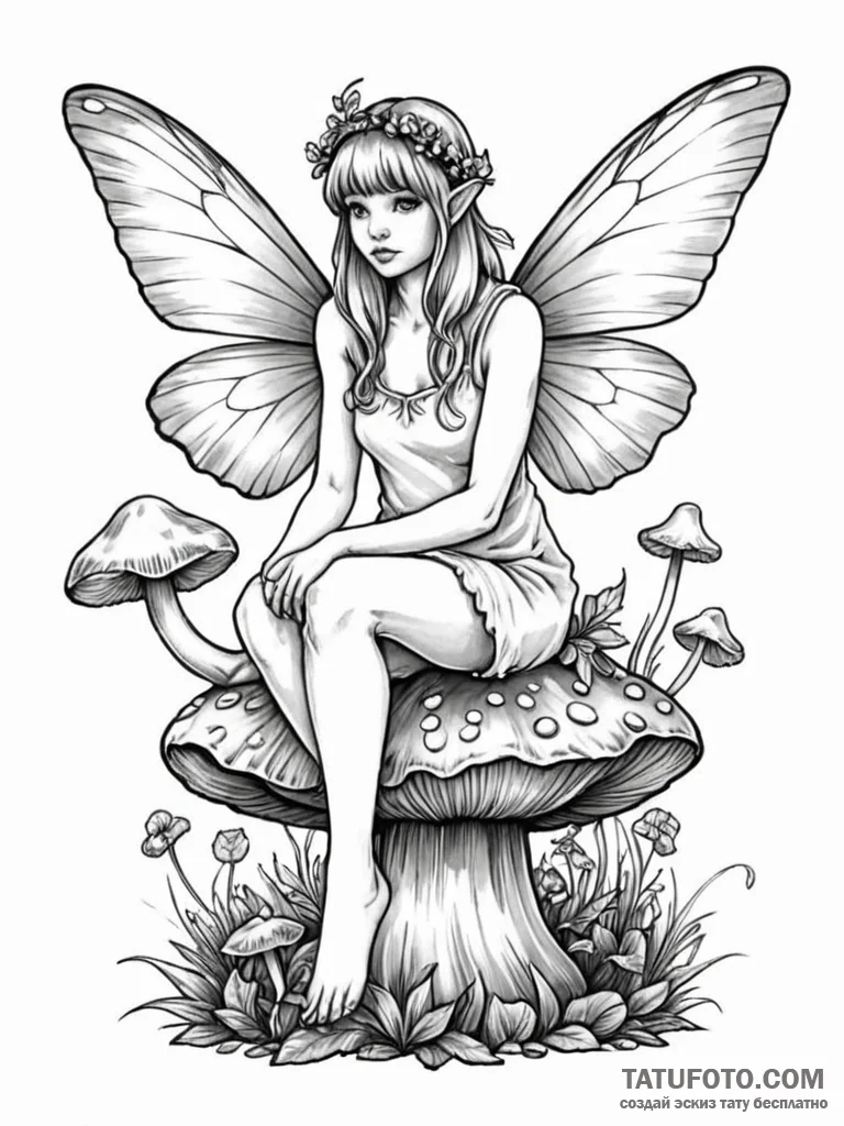 Fairy sitting on a mushroom - эскиз тату (№1752576579_0, 15.07.2025 10:49) — Tatufoto.com