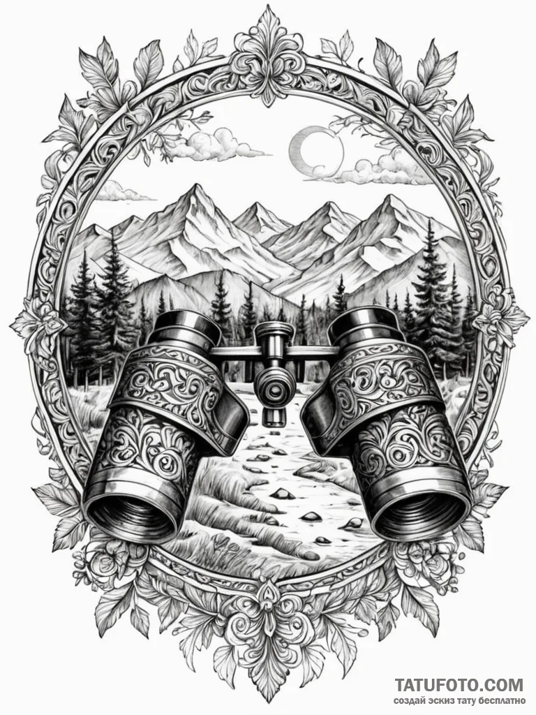 A detailed binoculars scanning a distant land... - эскиз тату (№1752577088_0, 15.07.2025 10:58) — Tatufoto.com
