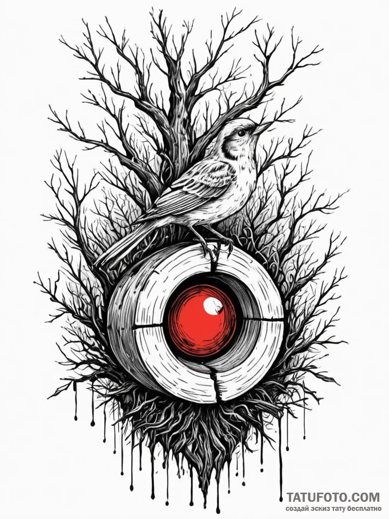 A whimsical bird in a tree hollow, hidden,, a… — эскиз тату (№1752577344_0, 15.07.2025 11:02) — Tatufoto.com