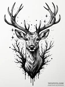 A deer with antlers made of dead branches and... - эскиз тату (№1752577429_0, 15.07.2025 11:03) — Tatufoto.com