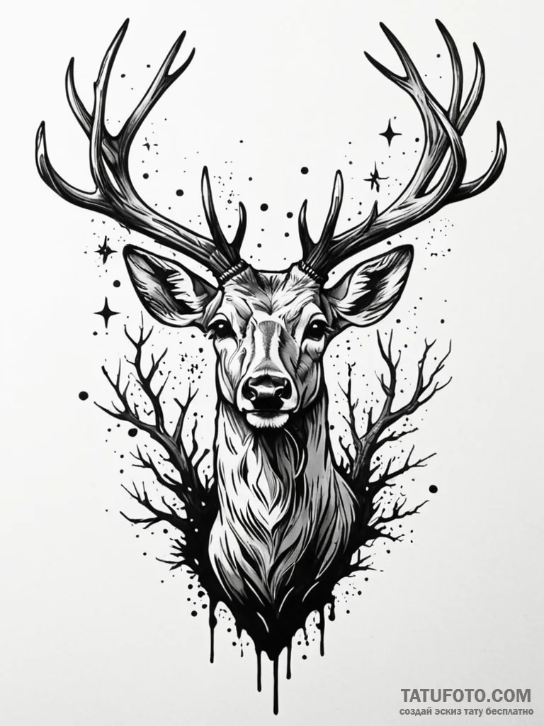 A deer with antlers made of dead branches and... - эскиз тату (№1752577429_0, 15.07.2025 11:03) — Tatufoto.com