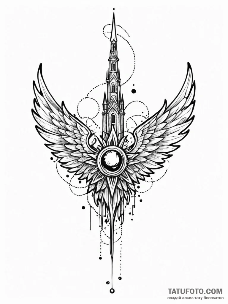 Noble wings beneath spectral spire, tattoo fl... - эскиз тату (№1752577515_0, 15.07.2025 11:05) — Tatufoto.com