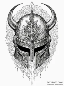 A detailed battle helmet with ancient symbols... - эскиз тату (№1752577857_0, 15.07.2025 11:10) — Tatufoto.com