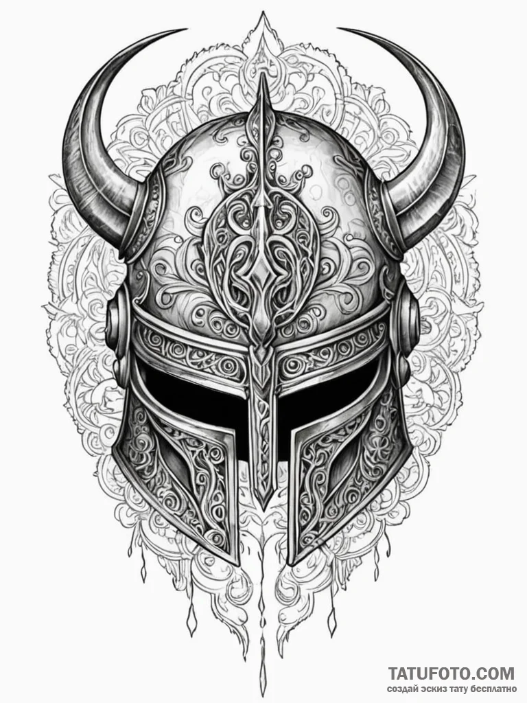 A detailed battle helmet with ancient symbols... - эскиз тату (№1752577857_0, 15.07.2025 11:10) — Tatufoto.com