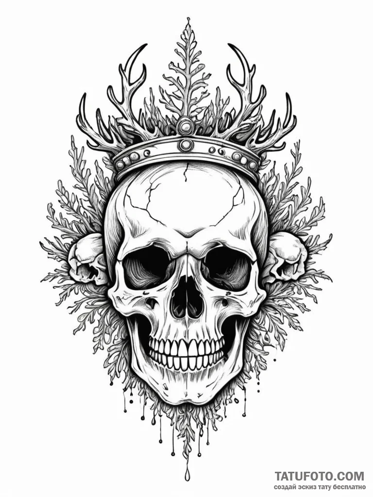 Abyssal skull with coral crown, ink illustrat… — эскиз тату (№1752578198_0, 15.07.2025 11:16) — Tatufoto.com