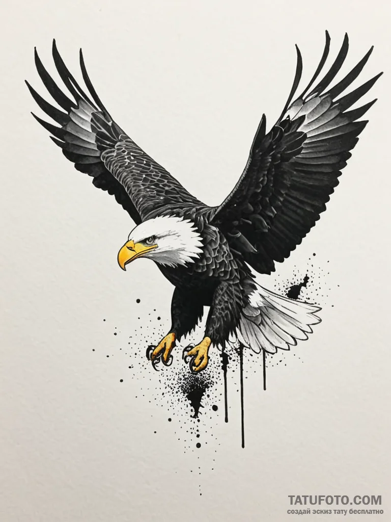 A proud bald eagle in flight, wings spread wi... - эскиз тату (№1752578369_0, 15.07.2025 11:19) — Tatufoto.com
