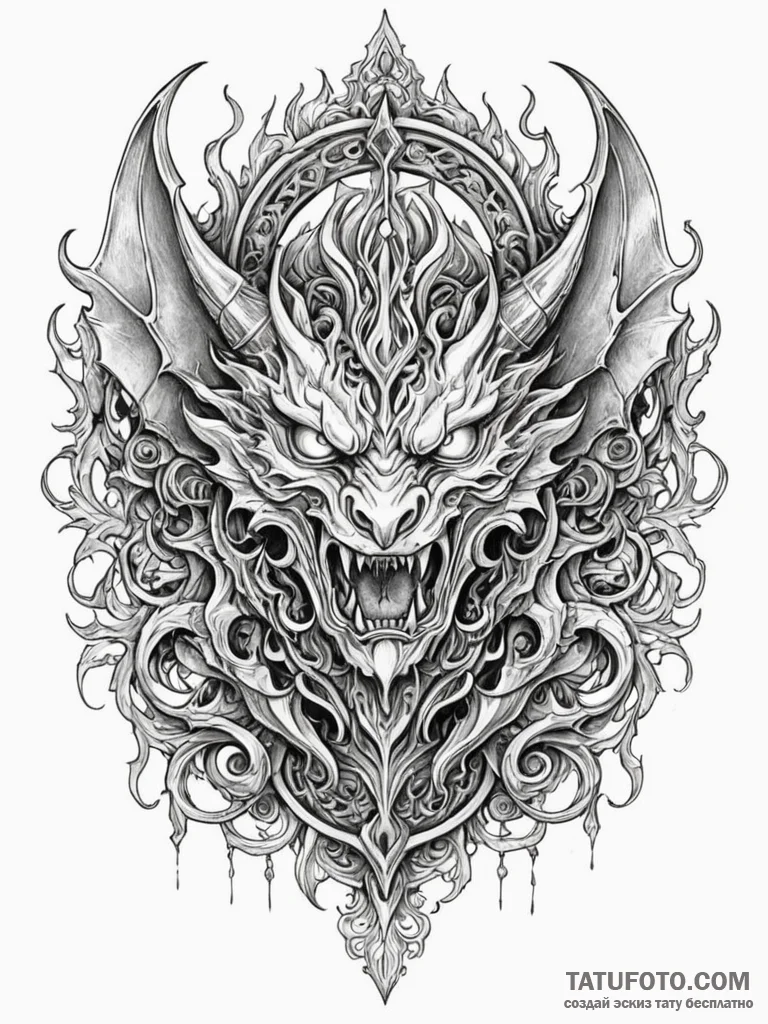 Hell's gate, ornate and fiery, guarded by dem... - эскиз тату (№1752579391_0, 15.07.2025 11:36) — Tatufoto.com