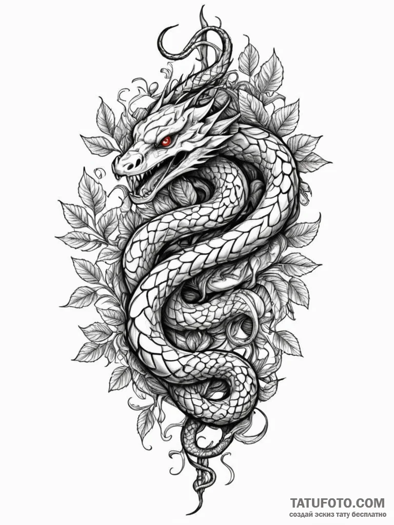 Clawed serpent emerging from tree, tattoo lin... - эскиз тату (№1752579647_0, 15.07.2025 11:40) — Tatufoto.com