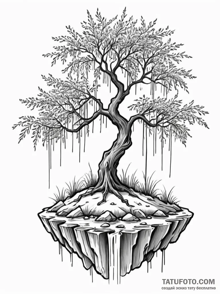 Floating island with a single, weeping willow… — эскиз тату (№1752580112_0, 15.07.2025 11:48) — Tatufoto.com
