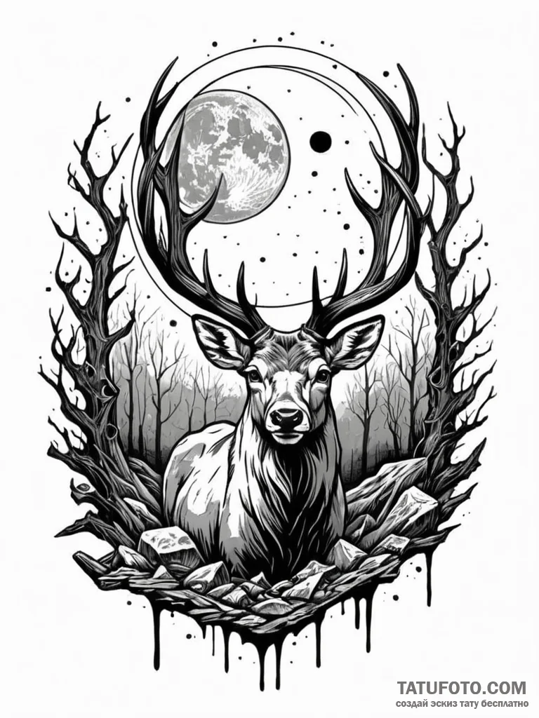Fallen stag beneath shattered moon, concept a... - эскиз тату (№1752580452_0, 15.07.2025 11:54) — Tatufoto.com